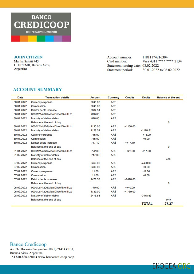 Relevé bancaire Argentine Banco Credicoop